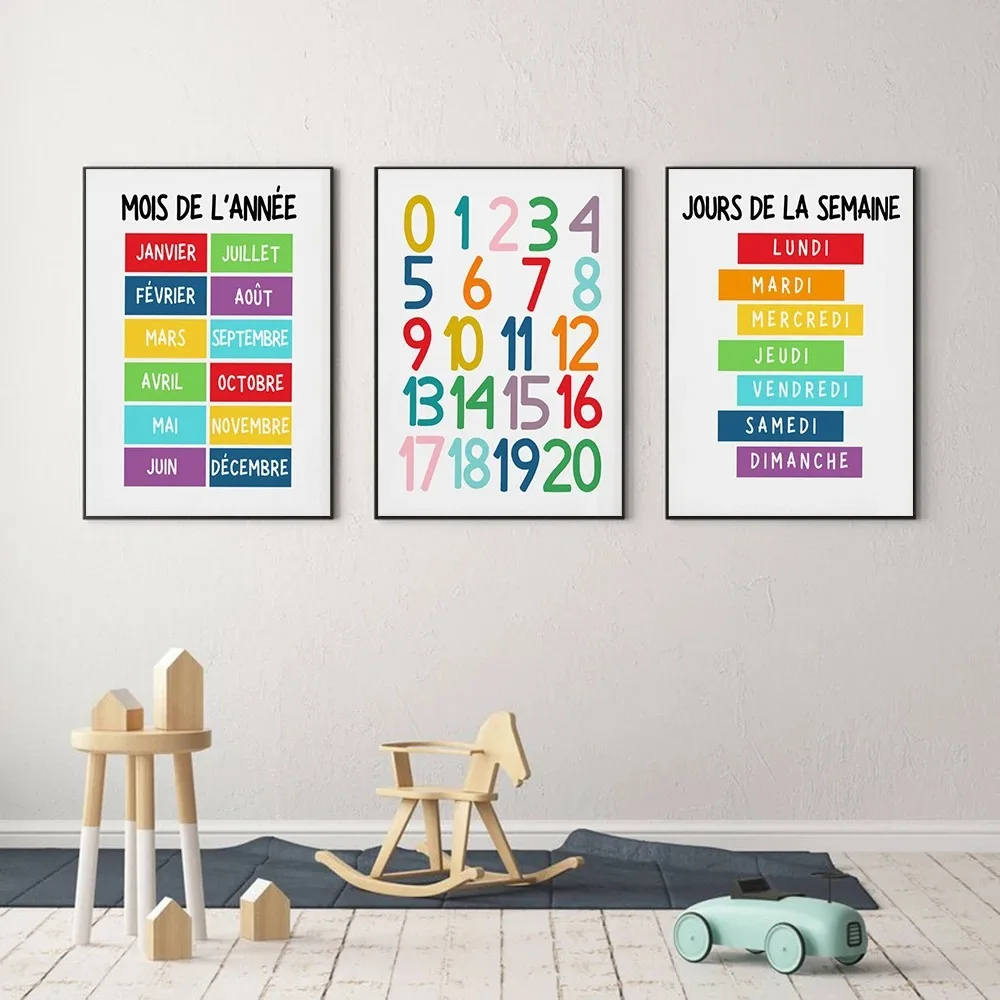 Kids No Education - โปสเตอร์ผนังห้องเรียน 1 ชิ้น ลายตัวอักษรและตัวเลขภาษาฝรั่งเศส สำหรับการศึกษาในห้องเรียนหรือที่บ้าน ตกแต่งผนังห้องเรียนสำหรับเด็ก